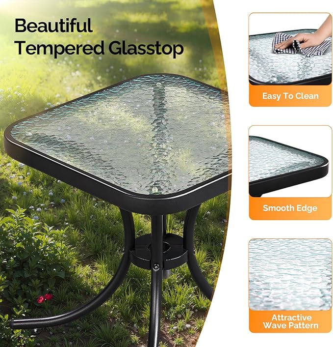 VINGLI Outdoor Side Table, 18" Patio Table Steel Frame Tempered Glass Top, Weatherproof Small Tables for Balcony Garden Poolside (Black, Square)