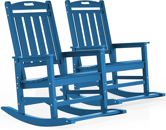 LOUNZY Outdoor Rocking Chair with Footboards Set of 2, HDPE Rocking Chair Patio Porch Rocker with 380lbs Support for Adult, Navy