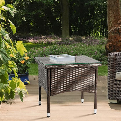 VINGLI Outdoor Wicker Side Table Patio Side Tables for Outside, Tempered Glass Top Wicker Table End Table for Balcony Porch Deck, Brown