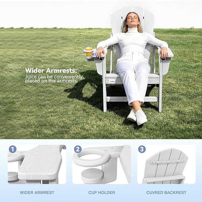 Mdeam 3-Position Adjustable Adirondack Chairs Set of 4, 400LBS Capacity, Cup Holder, Wooden Textured, All-Weather HDPE Folding Fire Pit Outdoor Chairs for Poolside Deck Patio Garden Yard Lawn - White