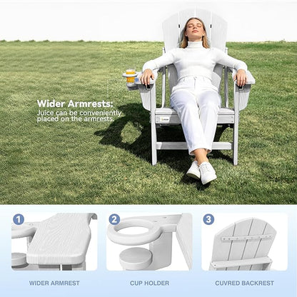 Mdeam 3-Position Adjustable Adirondack Chairs Set of 4, 400LBS Capacity, Cup Holder, Wooden Textured, All-Weather HDPE Folding Fire Pit Outdoor Chairs for Poolside Deck Patio Garden Yard Lawn - White