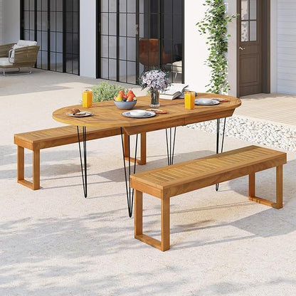 HAPPYGRILL Outdoor Acacia Wood Bench for 3-Person Patio Backless Farmhouse Bench with Slatted Seat, 800 LBS Heavy Duty Dining Bench for Entryway Porch Dining Room (2)