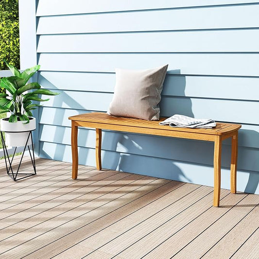 RELAX4LIFE 2-Person Patio Outdoor Bench - Acacia Wood 47’’ Long Backless Garden Bench w/Slatted Seat, Wooden Farmhouse Indoor Outside Dining Loveseat for Entryway Yard Porch Park, 800 LBS Max Load (2)