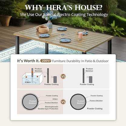 HERA'S HOUSE Outdoor Dining Table for 6, Rectangular Metal Patio Table with Umbrella Hole, 6-Person Weather Resistant Wood-Like Steel Slat Table for Lawn Garden Backyard, L60 xW36 xH29