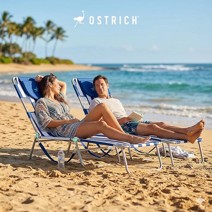 Ostrich Beach Lounge Chair, Folding & Reclining Outdoor Chaise Lounger, Blue/White Striped - Portable Adjustable Recliner Chair for Lawn, Pool, Patio, Garden, and Yard