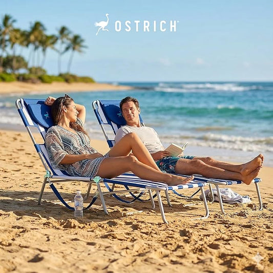 Ostrich Beach Lounge Chair, Folding & Reclining Outdoor Chaise Lounger, Blue/White Striped - Portable Adjustable Recliner Chair for Lawn, Pool, Patio, Garden, and Yard