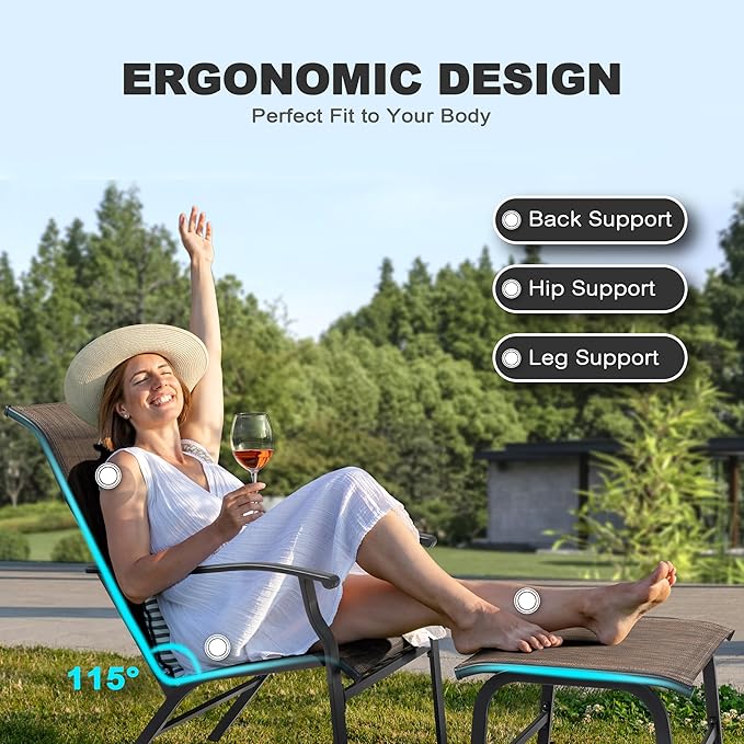 NUU GARDEN Outdoor Patio Chair, Patio Dining Chair with Ottoman, All-Weather Textilene Chair with Metal Frame, Outdoor Portable Chairs for Patio, Backyard, Deck, Brown