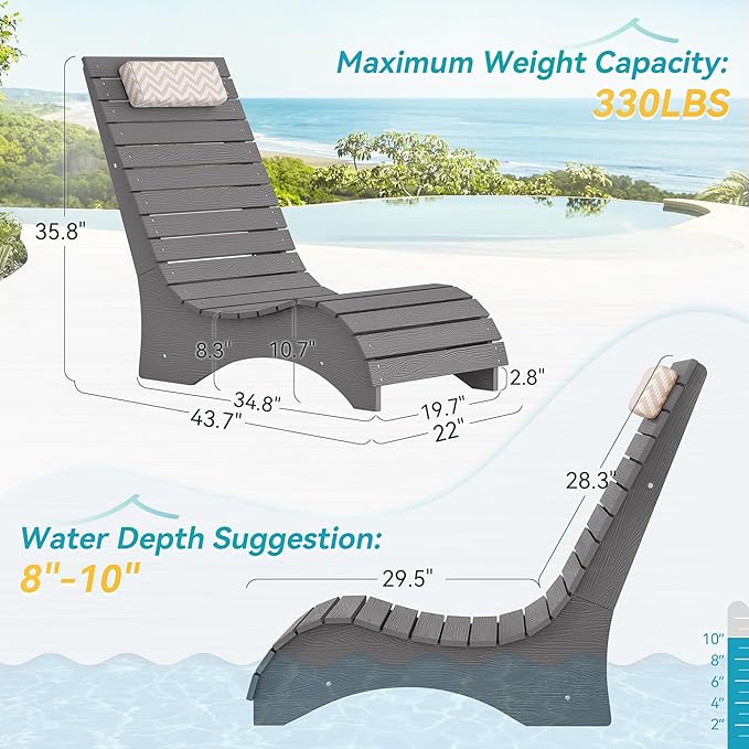 Pool Lounge Chairs Set of 4, Use in Pools Lounge Chairs up to 10-Inches of Water, Chaise Chairs with Headrest, Lounge Chair Outdoor, Fade-Resistant Pool Lounger for Deck