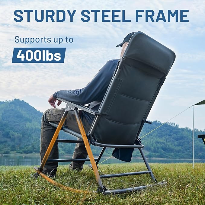 Timber Ridge Oversized Folding Rocking Camping Chair, Padded Outdoor Rocker with High Back, Portable Outdoor Chair for Patio, Garden, Lawn, Supports up to 400 lbs, Blue