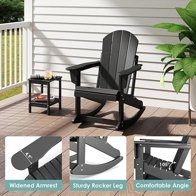 IVY&LANE Adirondack Rocking Chair | Porch-Rocker | HDPE Plastic | Weatherproof | Black | for Outdoor Patio Deck Backyard