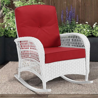 MEETWARM Outdoor Wicker Rocking Chair, Rattan Patio Rocker Chairs with Cushions and High Back, All-Weather Patio Wicker Chair with Safe Rocking Design for Garden Backyard Porch, White/Red
