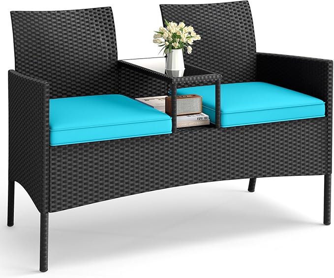 HAPPYGRILL Outdoor Rattan Loveseat, 2-Seat Patio Conversation Set with Built-in Coffee Table, Cushions, Wicker Bench Furniture for Backyard, Garden, Balcony, Porch (Turquoise)