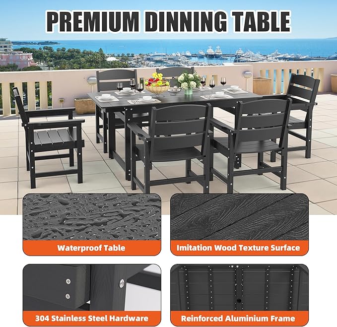 5-Piece HIPS Patio Dining Set, Outdoor Dining Table and Chairs Set with Umbrella Hole, Weatherproof Dining Table Set for 4 Person, Patio Furniture Set for Outside Deck, Black