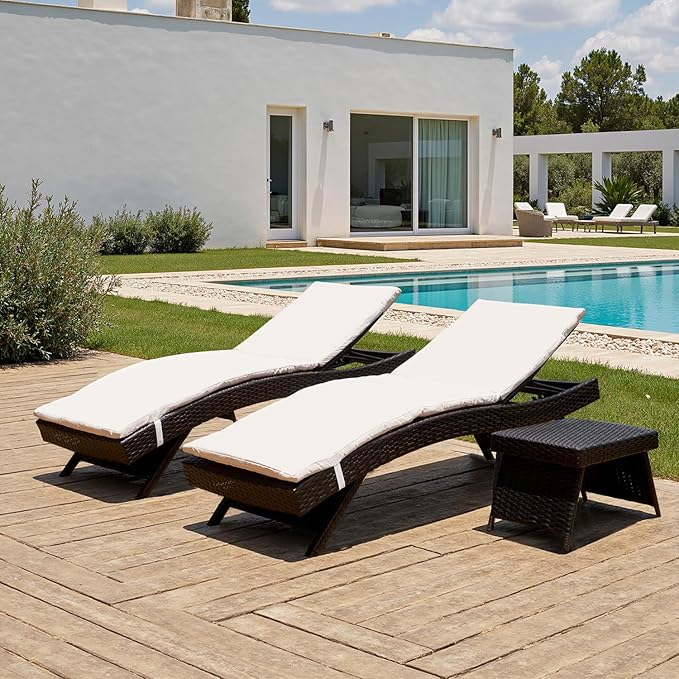 PE Rattan Foldable Backrest Chaise Lounge Set of 2 Chairs with Detachable Cushions + 1 Table, Outdoor Pool Folding Recliners Coffee Table, Adjustable Patio Lounge Chairs and SideTable