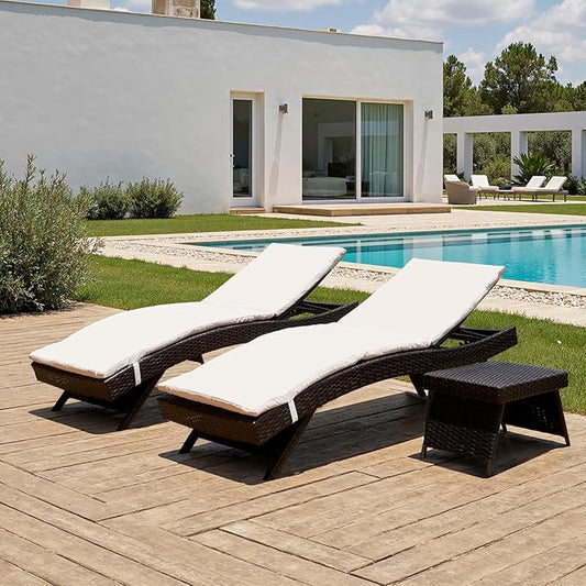 PE Rattan Foldable Backrest Chaise Lounge Set of 2 Chairs with Detachable Cushions + 1 Table, Outdoor Pool Folding Recliners Coffee Table, Adjustable Patio Lounge Chairs and SideTable