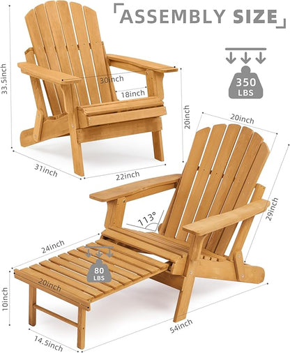 Oversized Outdoor Wooden Folding Adirondack Chair with Retractable Ottoman, Wood Patio Chair with Footrest for Garden Backyard Porch Pool Deck Firepit