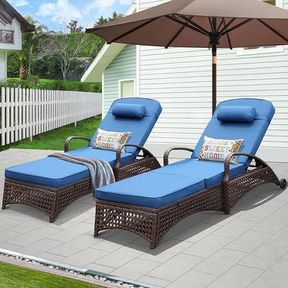 NOBLEMOOD Chaise Lounge Outdoor Wicker Lounge Chair with Wheels, Adjustable 6 Position Pool Reclining Chair with Blue Thickened Fabric Cushion & Pillow, Pack of 6