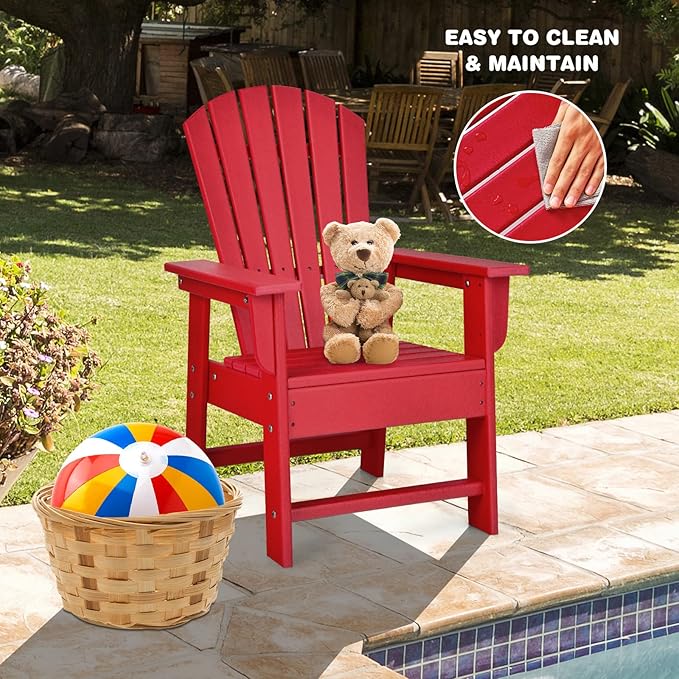 Giantex Adirondack Chair, Kids HDPE Patio Lawn Chair with Ergonomic Backrest for Deck, Porch, Backyard, Poolside, Indoor, Weather Resistance Toddler Outdoor Chair (1, Red)