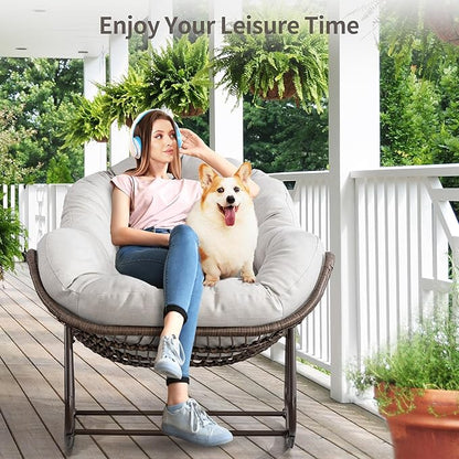 HOMEFUN Outdoor Patio Rocking Chairs, Oversized Papasan Rock Chair Indoor with Padded Cushion - Rocker Egg for Front Porch, Garden, Backyard Beige