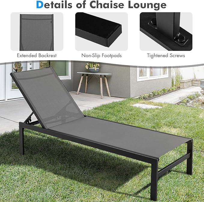 COSTWAY Lounge Chair Outdoor, Aluminum Frame Chaise Lounge with 6-Position Adjustable, Breathable Fabric - Photo 5
