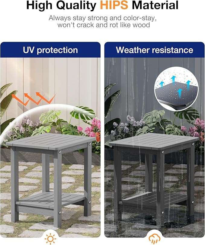 YEFU Outdoor Side Table for Patio: 16" HIPS Weather - Resistant Adirondack Tables Set of 2 - Small Square End Tables for Backyard Pool Porch Balcony - Indoor Outdoor Double Layer Table Grey