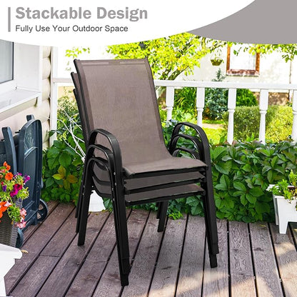 COSTWAY Patio Dining Chairs Set of 2, Stackable Outdoor Chairs with Armrest and High Back, Breathable Fabric & Metal Frame Chair for Garden Poolside Backyard Deck (Brown)