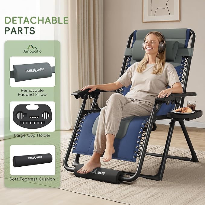 Amopatio Zero Gravity Reclining Patio Chair XL Foldable Lounge Chair with Removable Cup Holder/Headrest/Footrest 500LBS - Photo 4