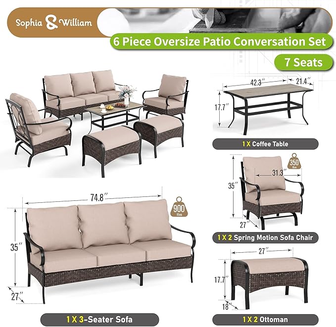 Sophia & William Metal Patio Furniture Set, 7 Seats Outdoor Conversation Set with 3-Seater Sofa, 2 Motion Chairs - Photo 6