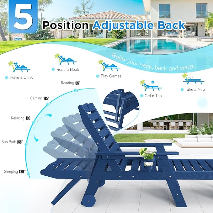 nalone HDPE Chaise Lounge Chair Outdoor with Wheels & Cup Holder, Pool Lounge Chairs with 5-Position Adjustable Backrest, Supports Up to 400 LBS for Patio Poolside Deck Beach Backyard (Navy Blue)