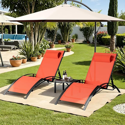 AthLike 3 pcs Poolchairs Patio Chaise Lounge Set with Headrest, 5-Level Adjustable Sunbathing Tanning Poolside Lounger Recliner Chairs with Side Table for Outdoor Beach (Orange, 4Chairs and 2Tables)