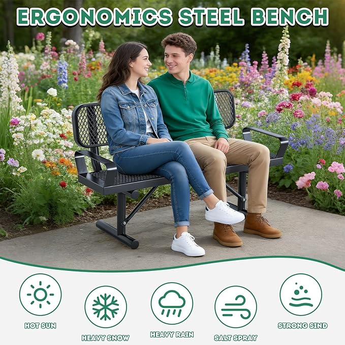 4 Feet Heavy Duty Park Bench with Armrests & Back Portable Frame, Outdoor Steel Bench with Backrest, Expanded Metal Mesh Bench for Lawn, Park, Deck, Garden, Patio, Porch, Black