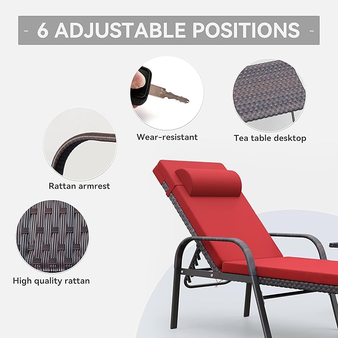 3 Pieces Patio Chaise Lounge Set Outdoor PE Rattan Armrest Lounge Chair Adjustable Backrest Reclining Chair with - Photo 5