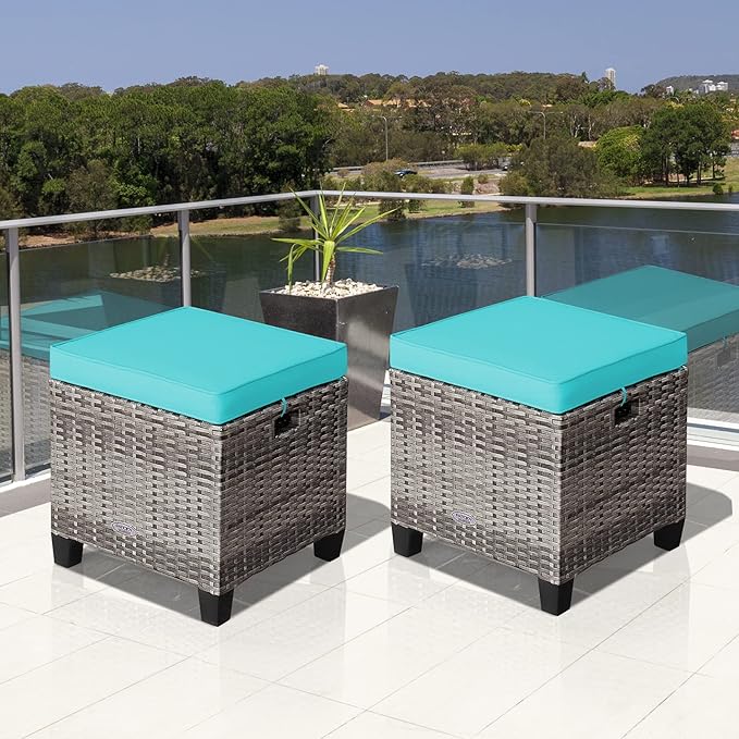 Tangkula 2 Pieces Patio Rattan Ottomans, Outdoor Wicker Footstool Footrest Seat with Soft Cushions and Steel Frame - Photo 5