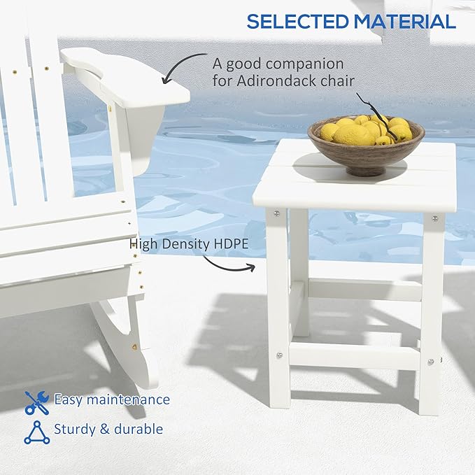 Outsunny Adirondack Side Table, Square Patio End Table, Weather Resistant 15" Outdoor HDPE Table for Porch, Pool, Balcony, White