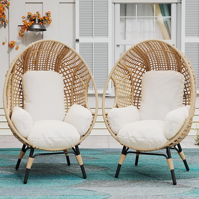 Oversized Wicker Egg Chair, Outdoor Indoor Rattan Patio Egg Lounge Chairs with Cushion 500lbs Capacity for Living Room, Balcony, Backyard (2 PCS, Beige-Grid)