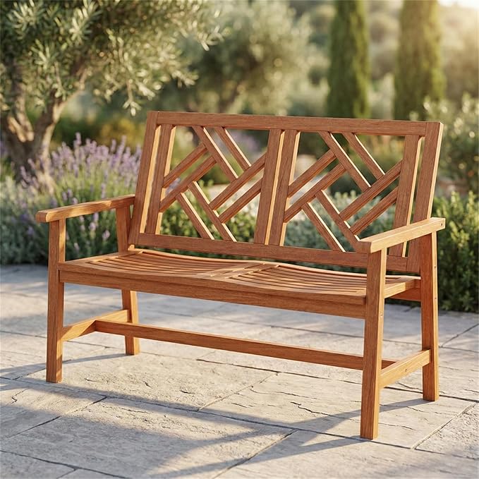 48 Inch Solid Hardwood Garden Bench, 2-Person Outdoor Wood Patio Loveseat with Geometric Backrest and Contoured Seat, Heavy Duty Porch Furniture for Backyard and Balcony, 660 lbs Capacity