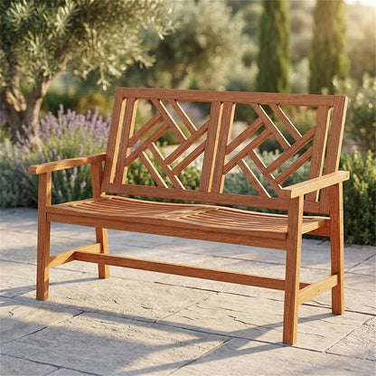 48 Inch Solid Hardwood Garden Bench, 2-Person Outdoor Wood Patio Loveseat with Geometric Backrest and Contoured Seat, Heavy Duty Porch Furniture for Backyard and Balcony, 660 lbs Capacity