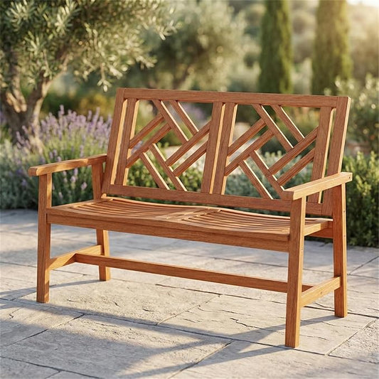 48 Inch Solid Hardwood Garden Bench, 2-Person Outdoor Wood Patio Loveseat with Geometric Backrest and Contoured Seat, Heavy Duty Porch Furniture for Backyard and Balcony, 660 lbs Capacity