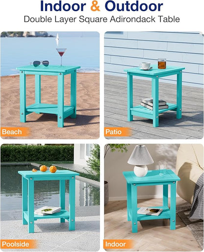 YEFU Outdoor Side Table for Patio: 16" HIPS Weather - Resistant Adirondack Tables Set of 2 - Small Square End Table for Backyard Living Room Bedroom - Indoor Outdoor Double Layer Table Aruba