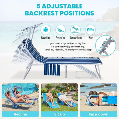 #WEJOY 3 in 1 Tanning Chair with Face Hole & Canopy, 300 lbs Heavy Duty 5 Positions Folding Face Down Lounge Chairs Outdoor with Pillow & Storage Bag Portable for Pool Beach Lawn Camping (Blue White)