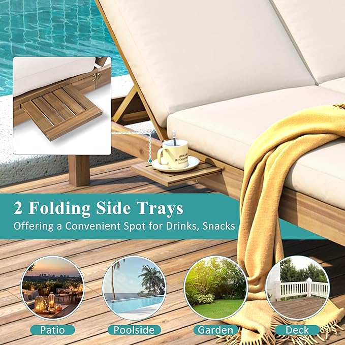 Outdoor Double Chaise Lounge with 5-Position Adjustable Backrest, Cushion and Folding Side Trays, Patio Double Lounge Chairs for Poolside Garden (Light Teak/D)