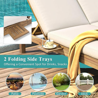 Merax Double Chaise Lounge Outdoor with 5-Position Adjustable Backrest, Outside Lounge Chair with 4" Cushion and Folding Side Trays for 2 People, Wood Patio Chaise Lounge for Pool Garden, Light Teak