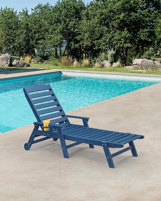 HDPE Patio Chaise Lounge Chair, 78.4'' Adjustable Outdoor Lounger with Wheels & Cup Holder, 5 Positions Poly Lounge Chairs, HDPE Outdoor Patio Lounge Chair for Outside, Deck, Beach, Navy