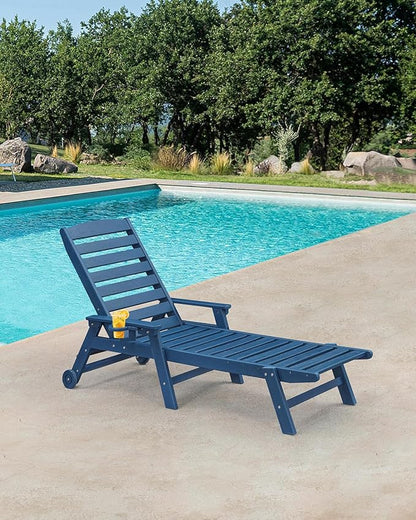 HDPE Patio Chaise Lounge Chair, 78.4'' Adjustable Outdoor Lounger with Wheels & Cup Holder, 5 Positions Poly Lounge Chairs, HDPE Outdoor Patio Lounge Chair for Outside, Deck, Beach, Navy