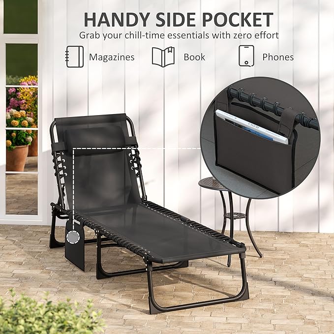 Outsunny Folding Chaise Lounge Chair, Patio Sun Tanning Chair, Outdoor Chaise Lounger with 5-Position Reclining Back, Breathable Mesh Seat for Beach, Poolside, Yard, Black