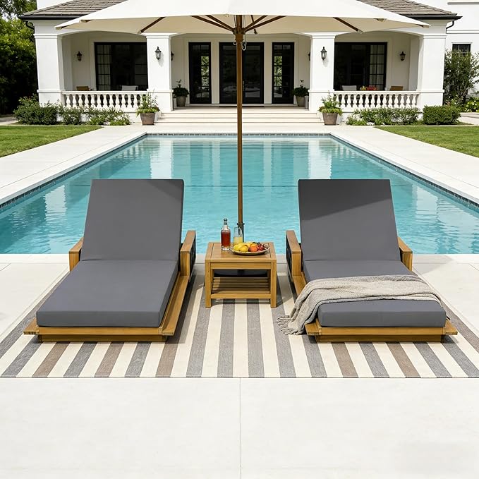 Merax Outdoor Chaise Lounge Set of 2, Acacia Wood Patio Reclining Chairs with 4-Position Adjustable Backrest, 2-Piece Sunbathing Recliner & 4" Thick Double-fold Cushion for Poolside, Garden, Dark Gray