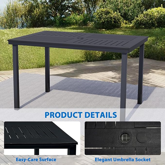 6-Seater Outdoor Dining Table, Patio Table with Wood-Plastic Tabletop, Outdoor Rectangular Table for Backyard Garden Porch