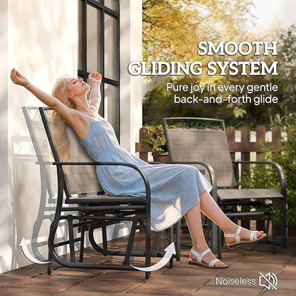 Outsunny Outdoor Glider Chairs with Coffee Table, Patio 2-Seat Rocking Chair Swing with Breathable Sling for Backyard, Garden and Porch, Brown