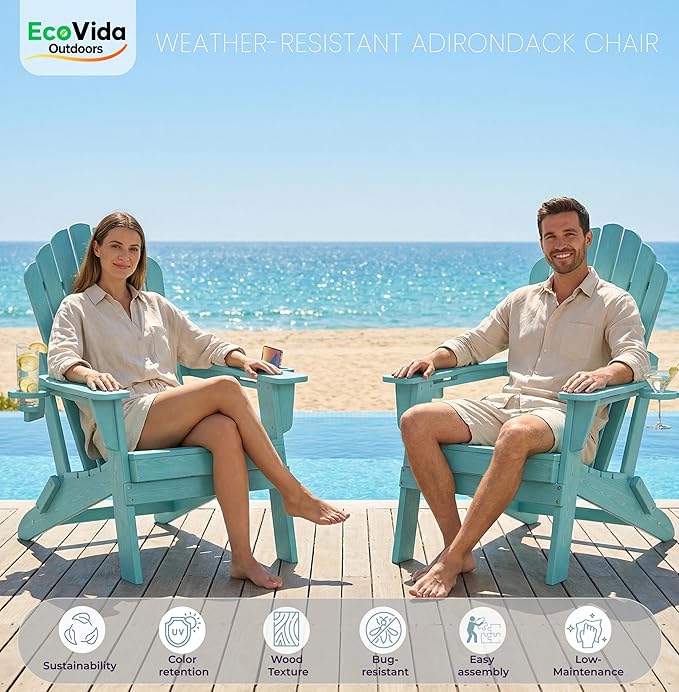 Oversized Adirondack Chair with Dual Cup Holders, Ergonomic High Back HDPE Fire Pit Chair, 380lbs Capacity All-Weather Outdoor Patio Lounge Chair for Garden, Deck, Yard - Aruba Blue