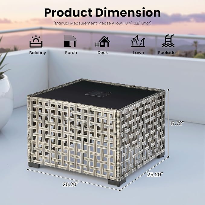 ovios Outdoor Side Table with Tempered Glass Top, Patio Wicker Solar Table - Photo 2